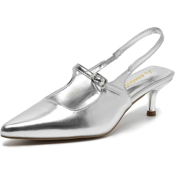 Amoji Women Silver Closed Pointed Toe Kitten Slingback Low Heel Pumps For Party - Picture 1 of 8